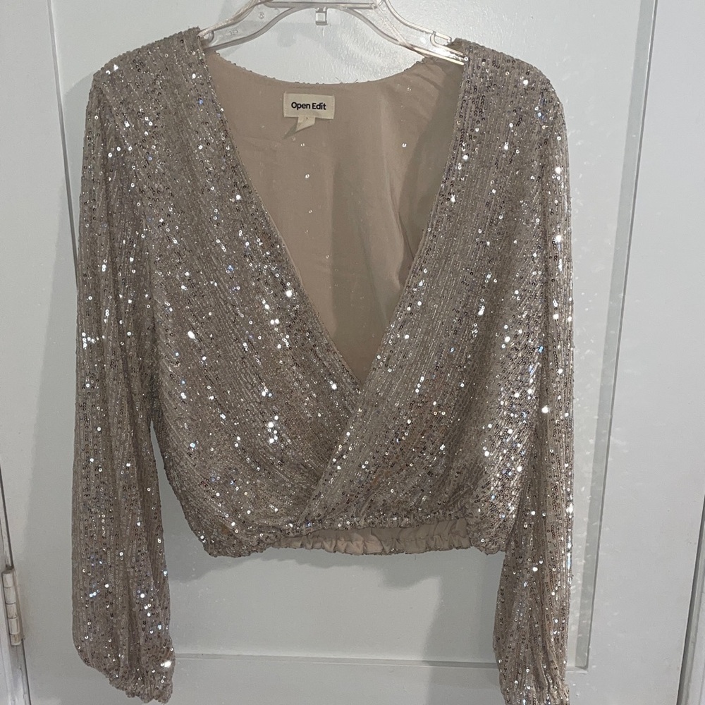 Open Edit Sparkling Beige Sequin Blouse